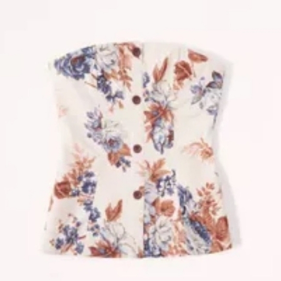 ABERCROMBIE & FITCH Strapless flared hem top in cream botanical print.XS NWT - Picture 4 of 13